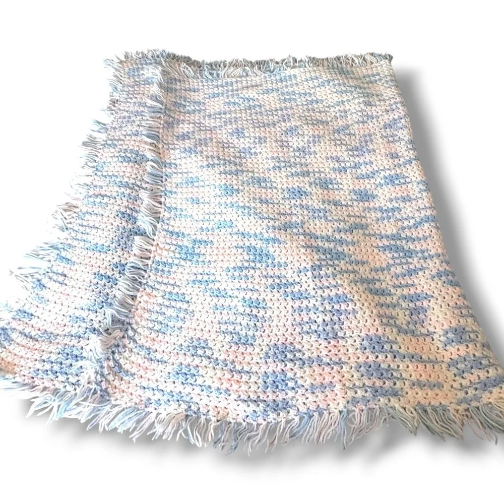 Handmade Crochet Baby Blanket‎ Pastel Blue Pink White Variegated Fringed Afghan